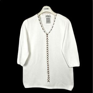 NWOT BASLER Cotton V-neck Suede Trim Sweater Top